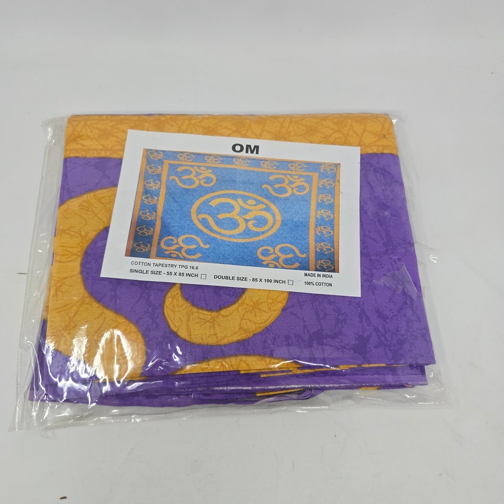 Om Symbol Cotton Tapestry Double Size 85x100 Purple Gold Blue Yoga Decor India